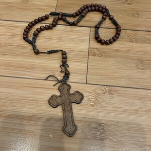 Wooden Cross Rosary Necklace